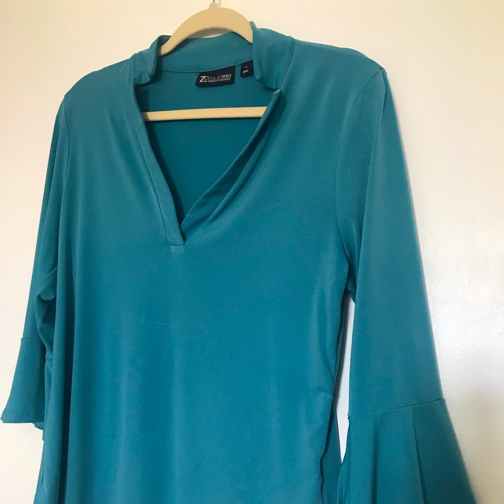 New York & Company teal silky 3/4 sleeve spring shirt retro vibe size medium